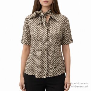Dana Buchman Size 6 Tan Black Silk Short Sleeve Tie Neck Blouse